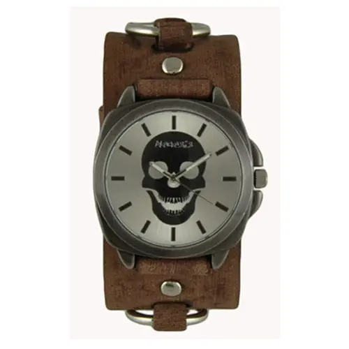 Skull Accent Silver Watch With Ring-Adorned Distressed Brown Leather Cuff 1