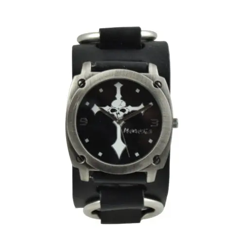 Skull-And-Crossbones Black Watch With Ring-Decorated Black Leather Cuff 1