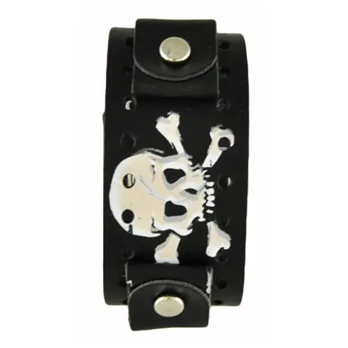 Skull And Roses Motif Black Leather Ladies Cuff Bracelet 1