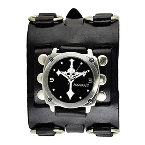Skull & Cross Motif Watch With Ring-Adorned Black Leather Triple-Strap Cuff 1
