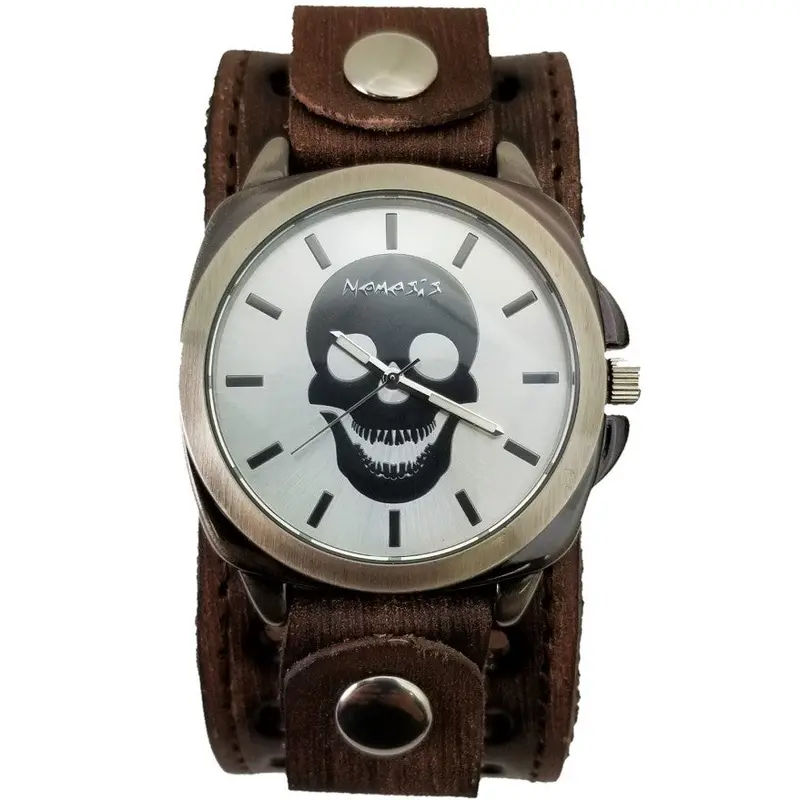 Skull Head Design Watch With Distressed Brown Leather Cuff Bvsth395S 1