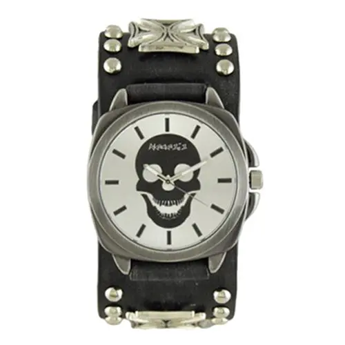 Skull & Iron Cross Watch On Studded Black Leather Triple-Strap Cuff 1