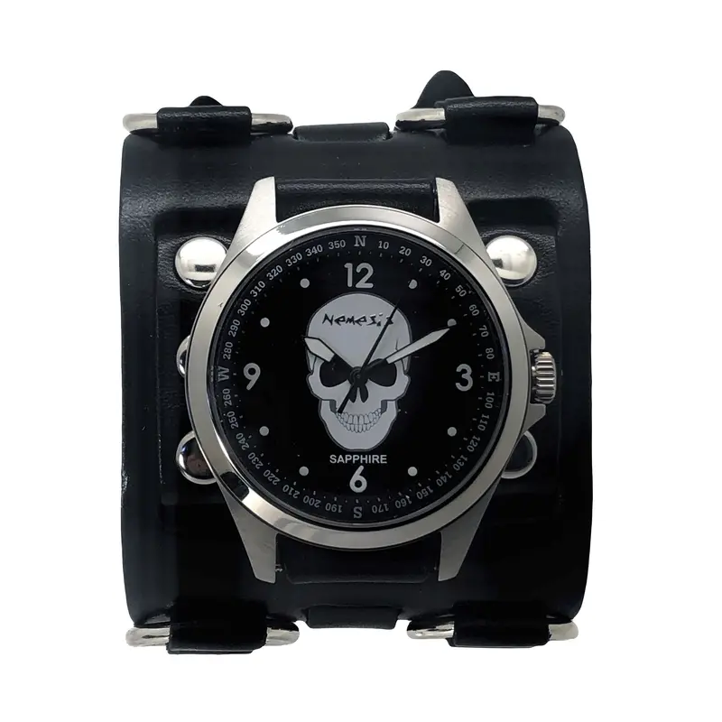 Skull Sapphire Crystal Watch With Perforated Black Leather Strap 1