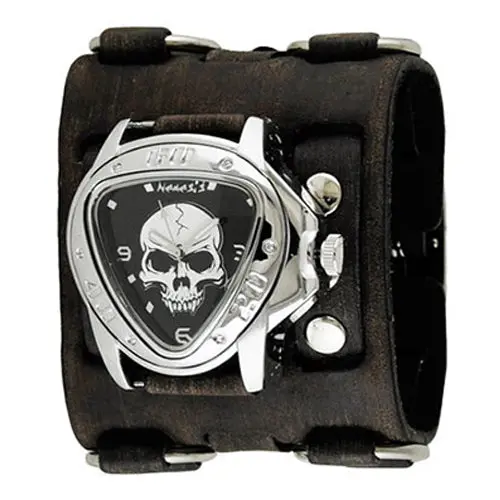Skull Triangle Black Watch With Triple-Strap Distressed Black Leather Cuff & Dual Ring Design 1