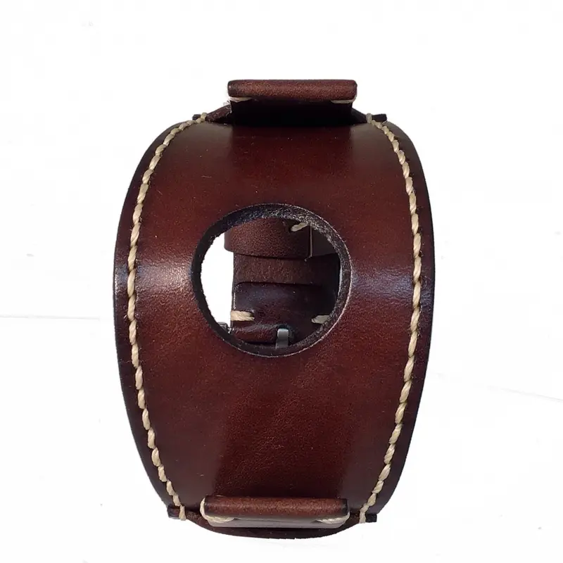 Smartwatch With White Contrast Stitching On Brown Leather Cuff 1