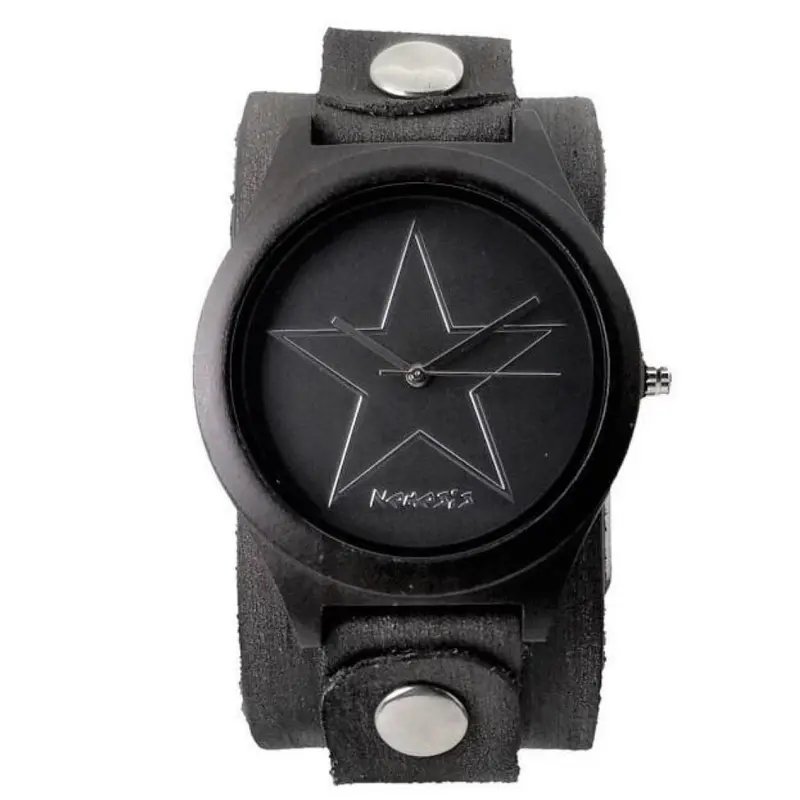 Star-Inspired Black/Silver Wood Watch With Distressed Black Leather Cuff 1
