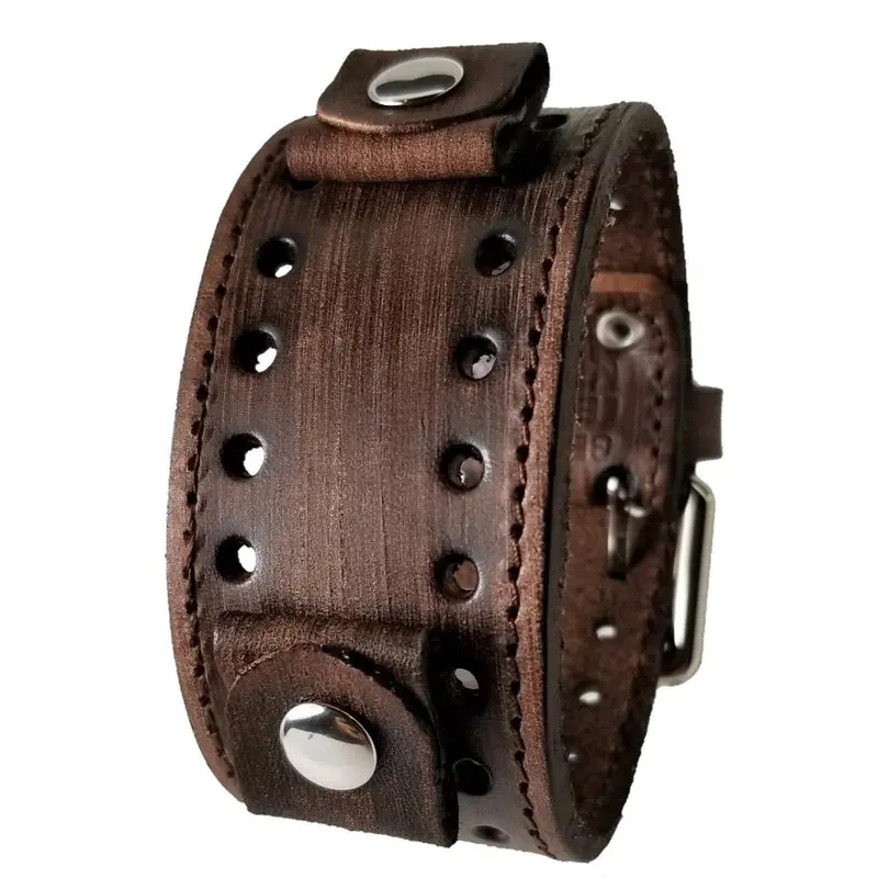Stitched And Perforated Brown Leather Cuff Bracelet 1