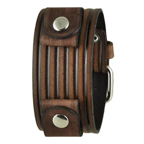 Striped-Embossed Distressed Brown Leather Cuff For Women 1
