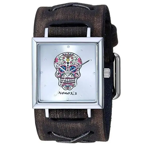 Sugar Skull Square Watch In Silver With Aged Brown Leather Cuff Kbfxb955S 1