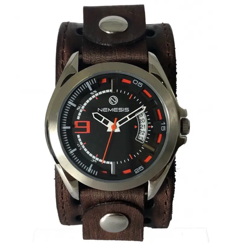 Sully Black And Orange Analog Watch With Distressed Dark Brown Leather Cuff 1