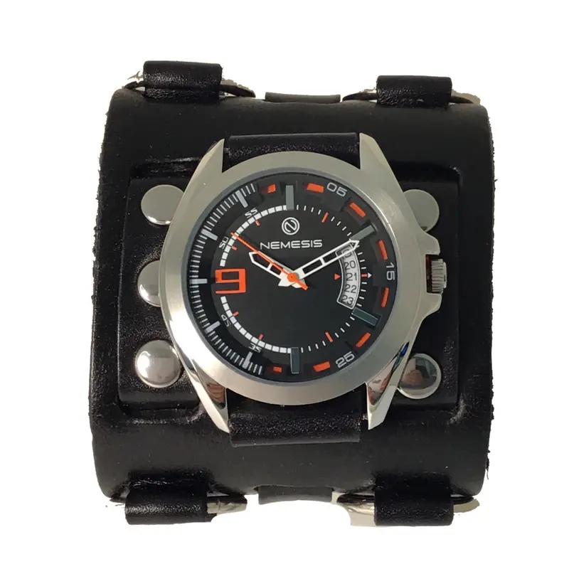 Sully Black-And-Orange Watch With Bullet-Ring Black Leather Triple Strap Cuff 1