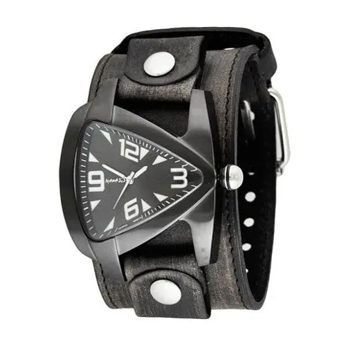 Teardrop Black Watch With Distressed Black Leather Cuff – Sculptural Silhouette 1