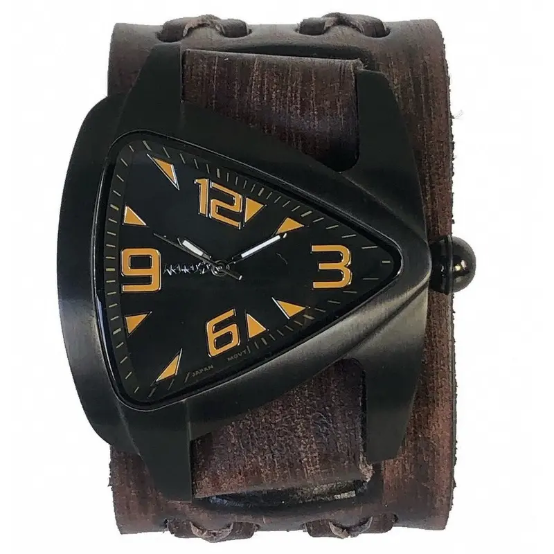 Teardrop Black Watch With Double-X Distressed Dark Brown Leather Cuff 1