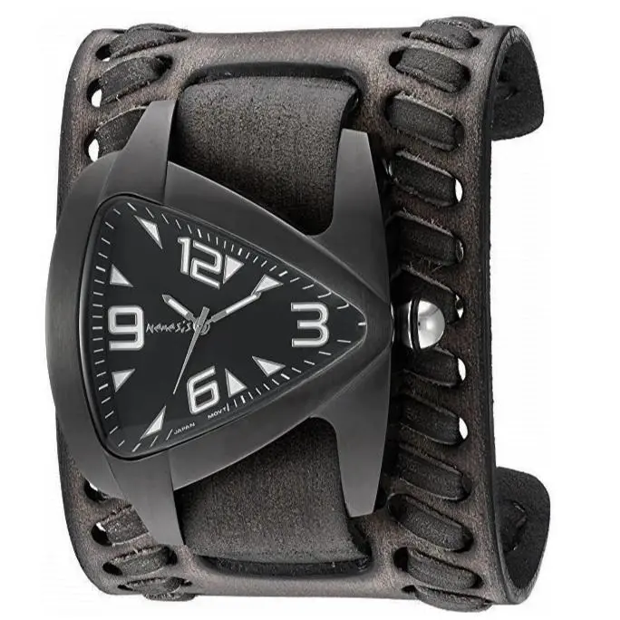 Teardrop Black Watch With Textured Woven Brown Leather Wide Cuff 1