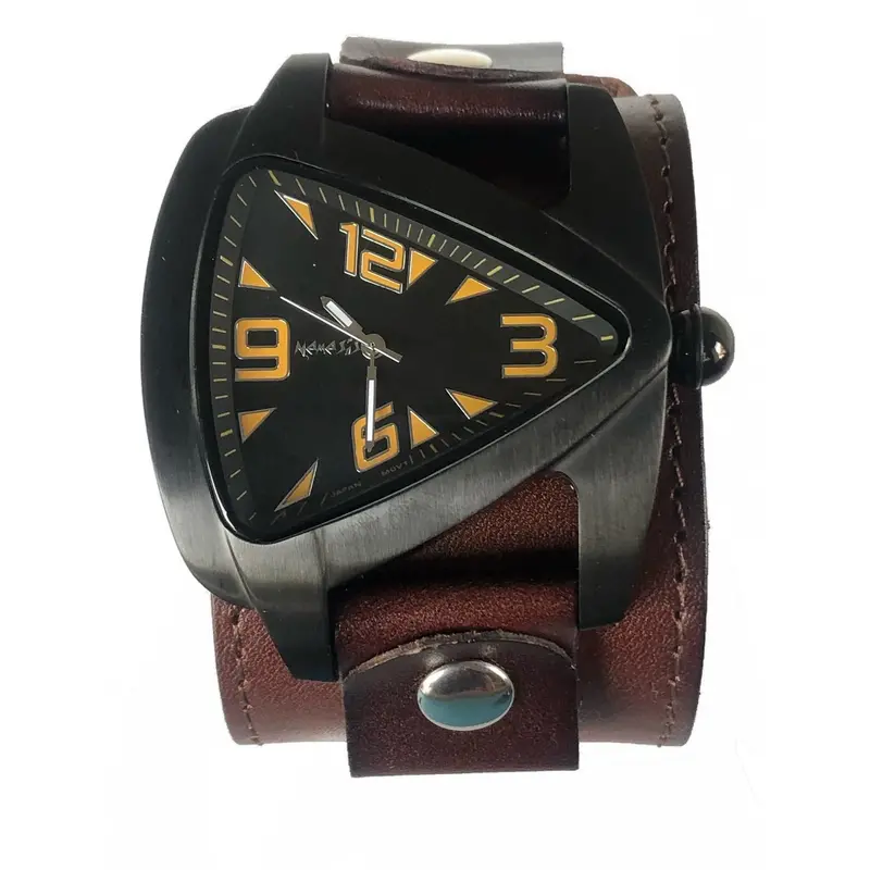 Teardrop Black Watch With Wide Perforated Brown Leather Cuff 1