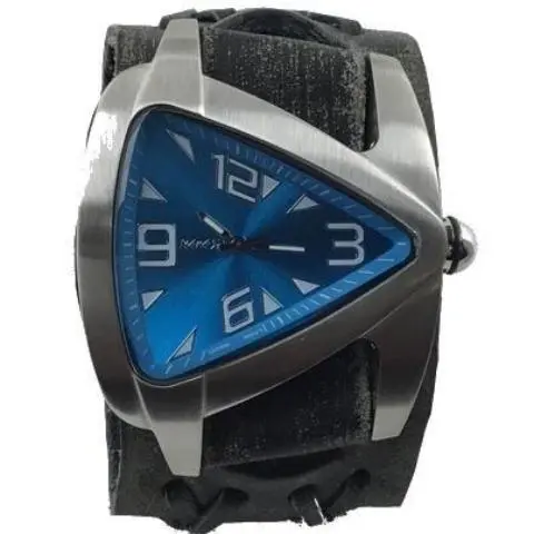 Teardrop Blue Watch With Distressed Black Leather Wide Cuff Band 1