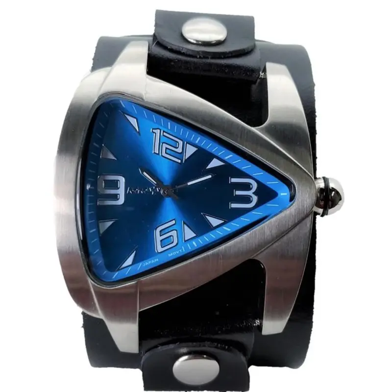 Teardrop Blue Watch With Ventilated Black Leather Wide Cuff 1