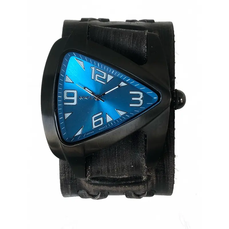 Teardrop Blue Watch With Wide X-Design Charcoal Leather Cuff 1