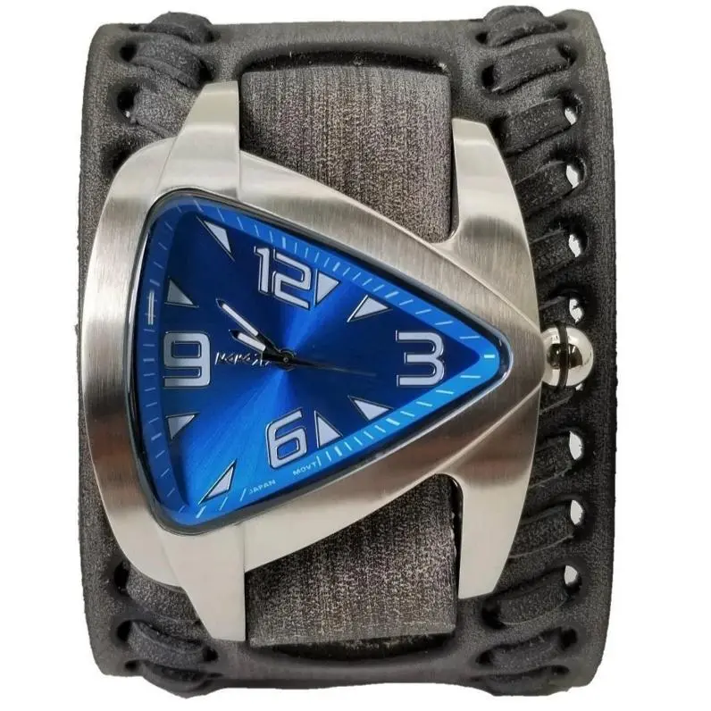 Teardrop Blue Watch With Woven Distressed Black Leather Wide Strap 1
