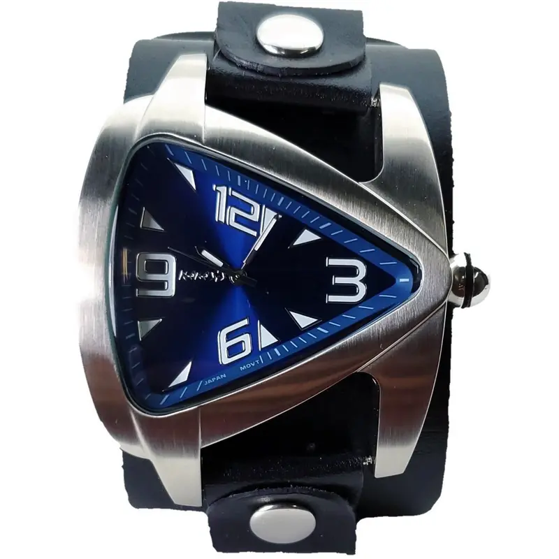 Teardrop Deep Blue Watch With Perforated Black Leather Wide Cuff 1