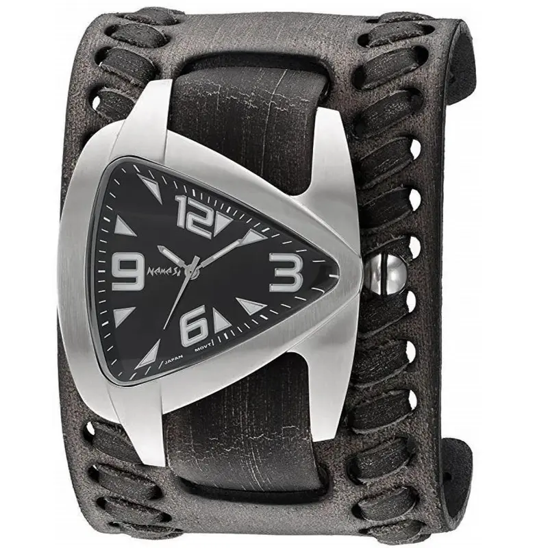 Teardrop-Shaped Black Watch With Woven Distressed Black Leather Wide Cuff 1