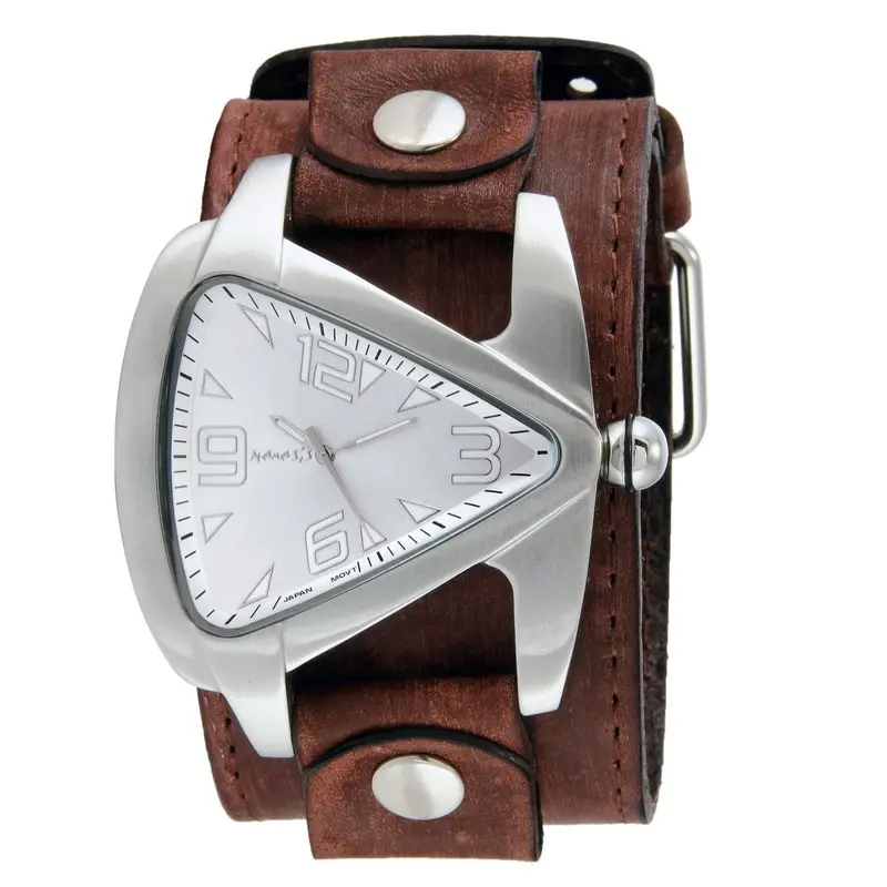 Teardrop-Shaped Silver Watch With Distressed Brown Wide Leather Cuff 1