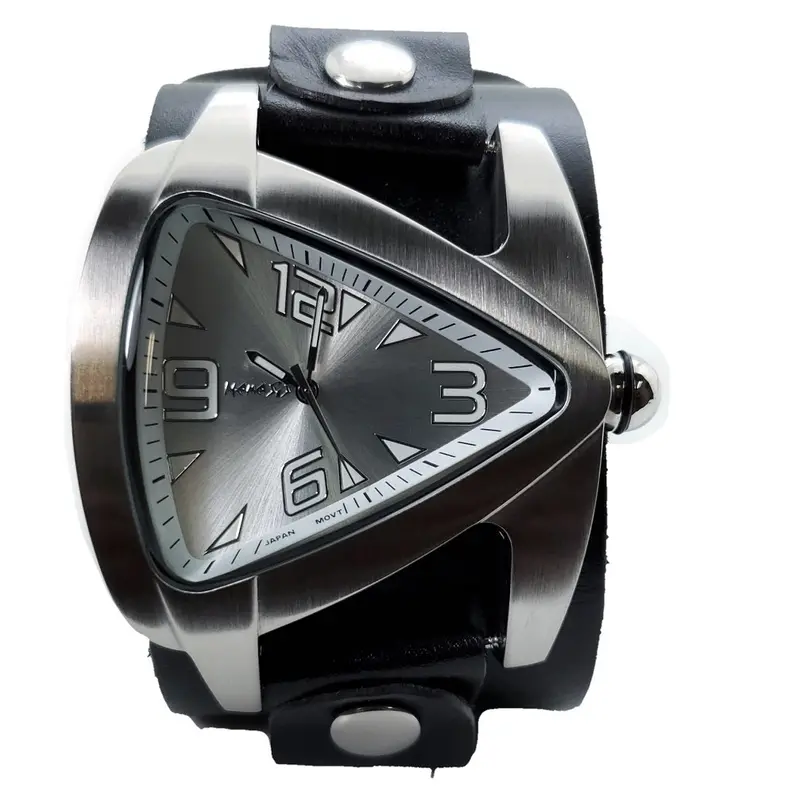 Teardrop Silver-Tone Watch With Smooth Black Leather Wide Cuff 1