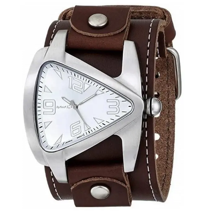 Teardrop Silver Watch With Decorative Stitching On Brown Leather Cuff 1