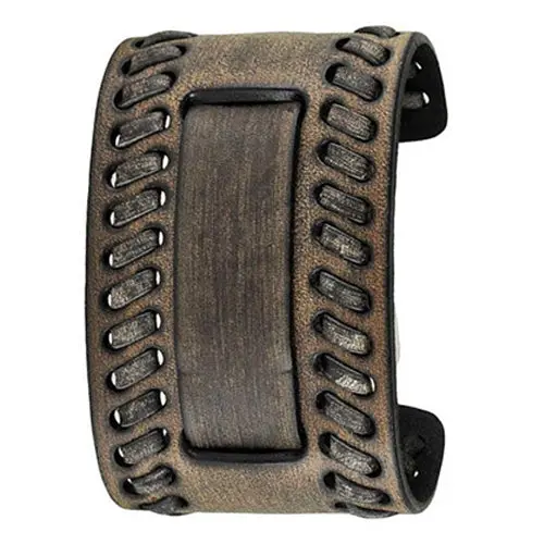 Textured Woven Distressed Brown Leather Wide Cuff 1