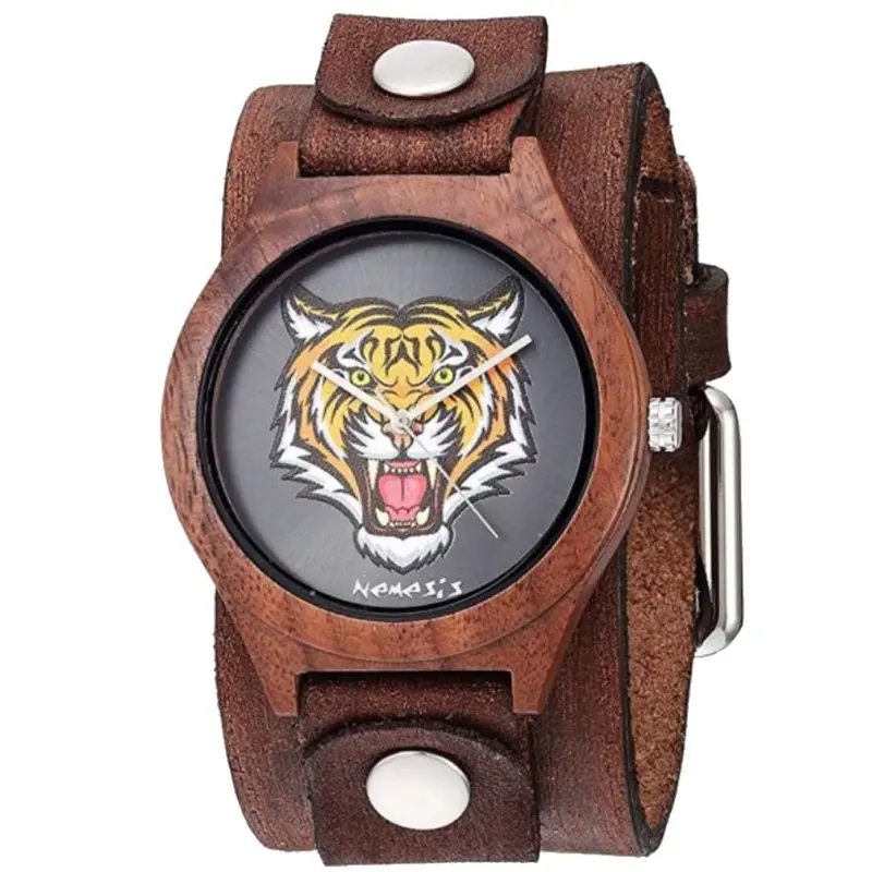Tiger-Face Natural Wood Watch With Distressed Brown Leather Band 1