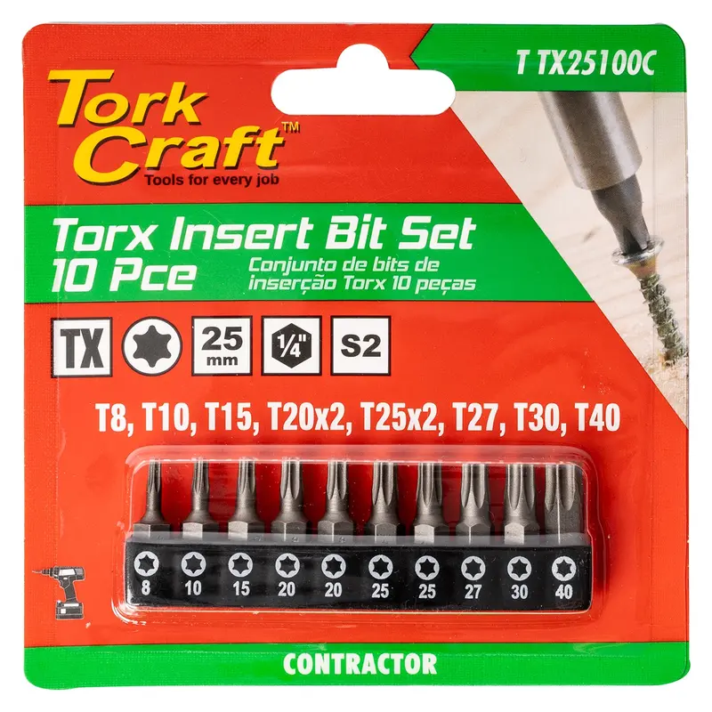 Tork Craft 10-Piece 25 Mm Torx Insert Bit Set (T8, T10, T15, T20×2, T25×2, T27, T30, T40) 1