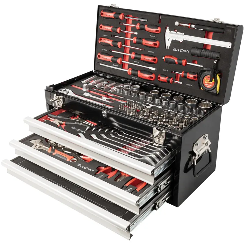 Tork Craft 154-Piece Rolling Tool Box – 3-Drawer + Top Tray, 535 X 255 X 315Mm Heavy-Duty Track System 1