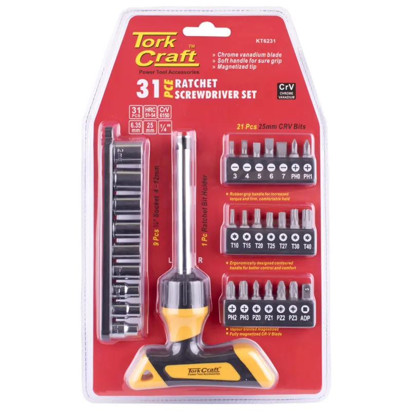 Tork Craft 31-Piece Ratcheting Screwdriver & T-Handle Bit Set 1