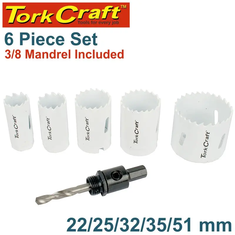 Tork Craft 6-Piece Bi-Metal Hole Saw Set — Includes 22, 25, 32, 35, 51Mm Saws + 3/8″ Hex Mandrel 1