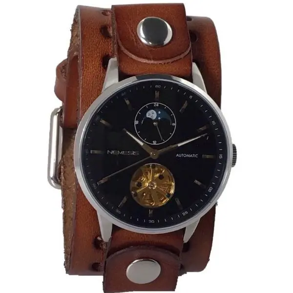 Tourbillon Day/Night Watch – Black & Silver Hands With Perforated Khaki Leather Cuff 1