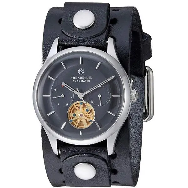 Tourbillon Day/Night Watch – Black & Silver Hands With Smooth Black Leather Cuff 1