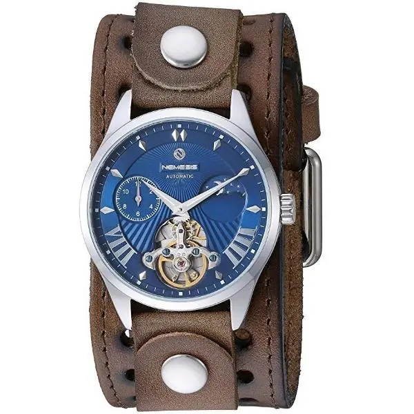 Tourbillon Day/Night Watch – Blue & Silver Hands, Perforated Distressed Brown Leather Cuff 1
