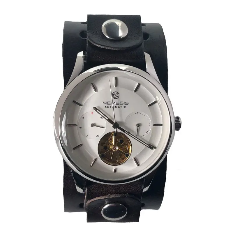 Tourbillon Day/Night Watch – White-On-White Hands With Perforated Black Leather Cuff 1