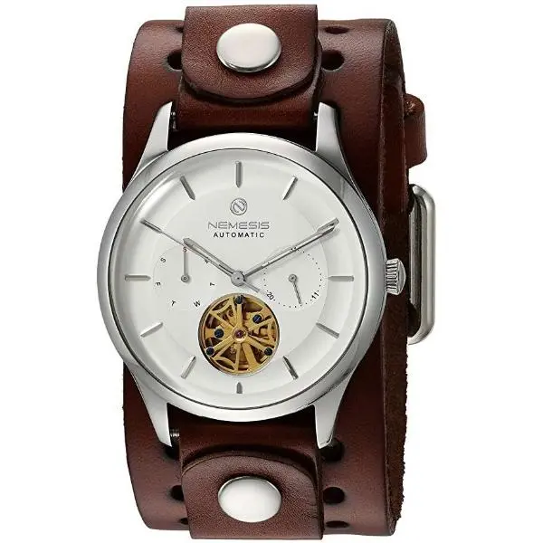 Tourbillon Day/Night Watch – White & Silver Hands With Dark Brown Leather Cuff 1