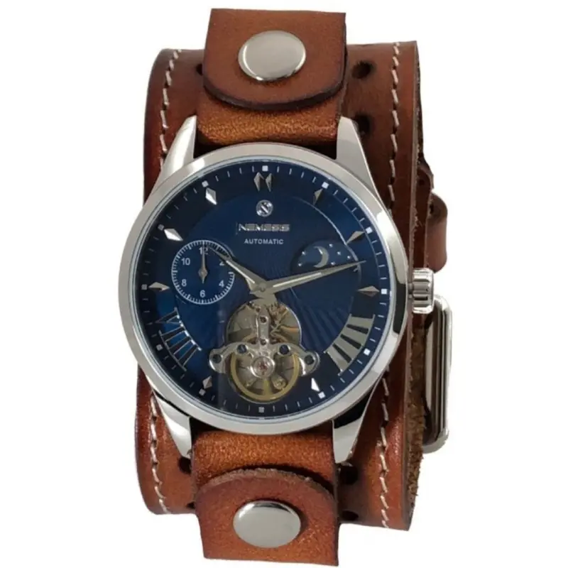 Tourbillon Day/Night Watch With Khaki Leather Cuff – Blue & Silver Accents 1