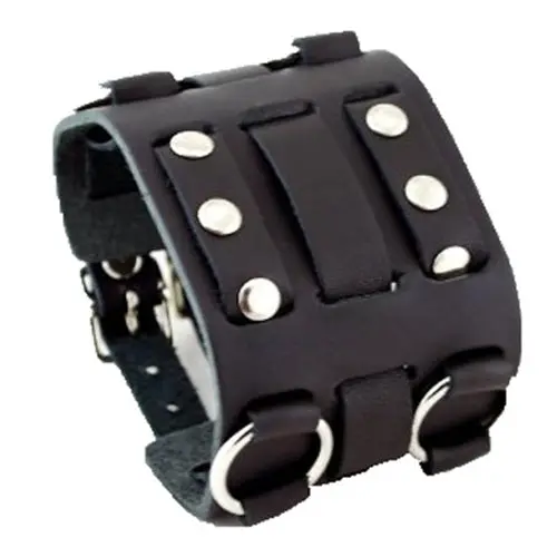 Triple-Strap Black Leather Cuff With Double Ring And Bullet Accents 1