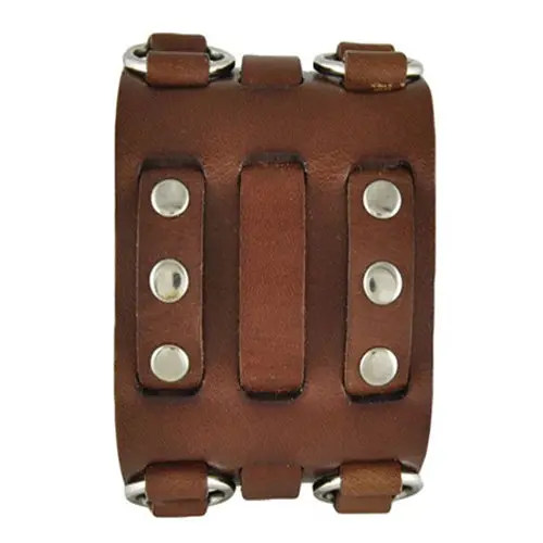 Triple-Strap Brown Leather Cuff With Dual Ring And Bullet Accents 1