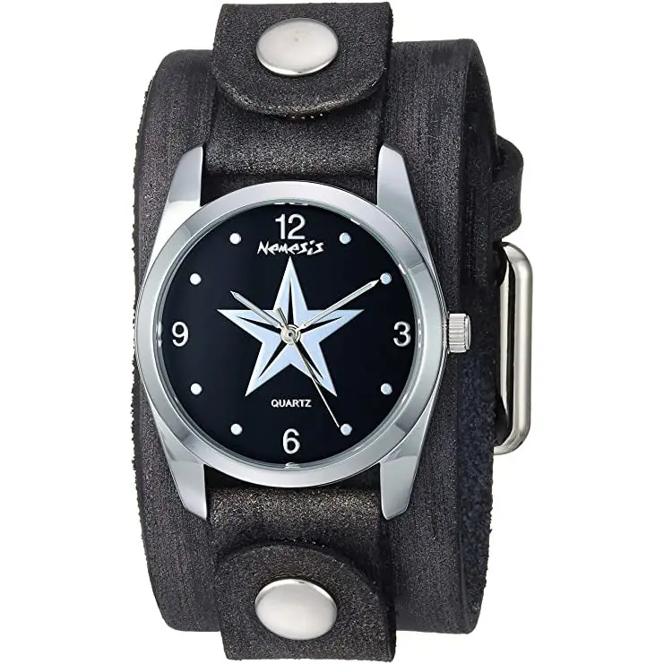 Vintage Star Black Ladies Watch With Distressed Black Leather Cuff 1