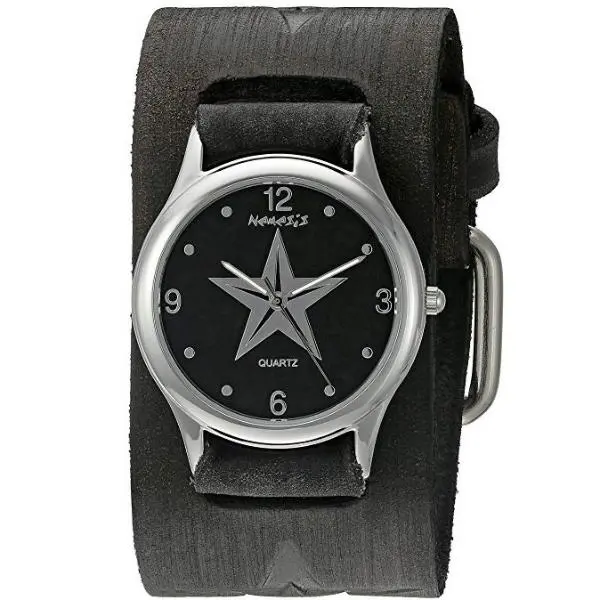 Vintage Star Black Watch With Embossed Star Design On Distressed Black Leather Cuff 1