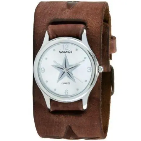Vintage Star Silver Watch With Embossed Star Motif On Distressed Brown Leather Cuff 1