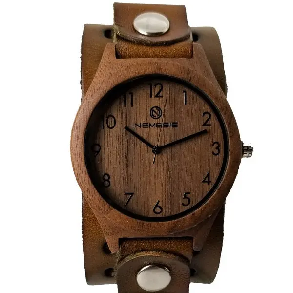 Walnut Wood Case Watch With Perforated Brown Leather Cuff 1