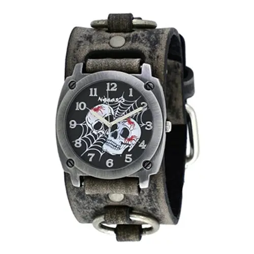 Web-Of-Skulls Black Watch With Ring-Style Distressed Charcoal Leather Cuff 1