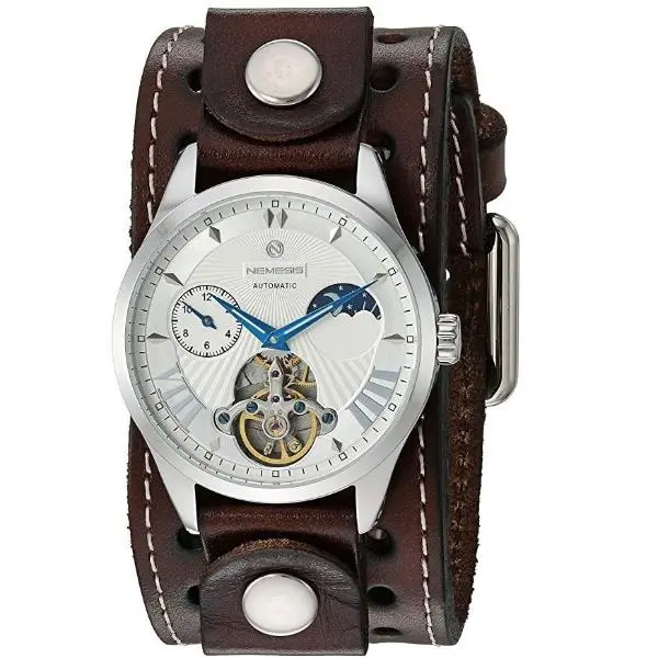 White-And-Blue Tourbillon Timepiece With Stitched Dark Brown Leather Cuff 1