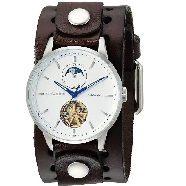 White-And-Blue Tourbillon Watch With Dark Brown Leather Cuff Band 1