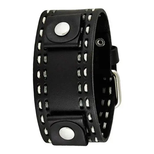 White-And-Grey Double-Stitched Black Leather Bracelet Cuff 1
